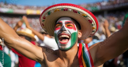 Excited Mexican fan cheering with face paint at stadium event