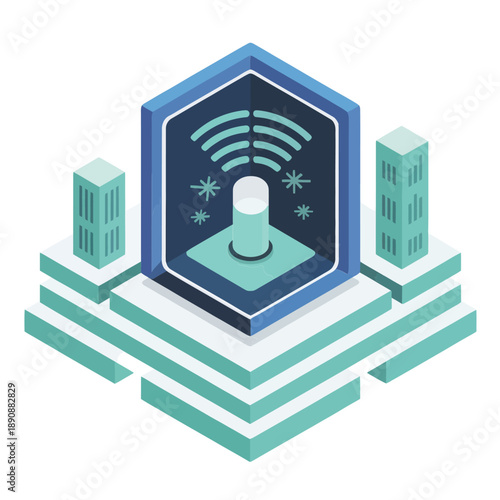 5G technology conference, isometric antenna pod with concentric waves, urban towers, connectivity session, mobile broadband innovation vector illustration