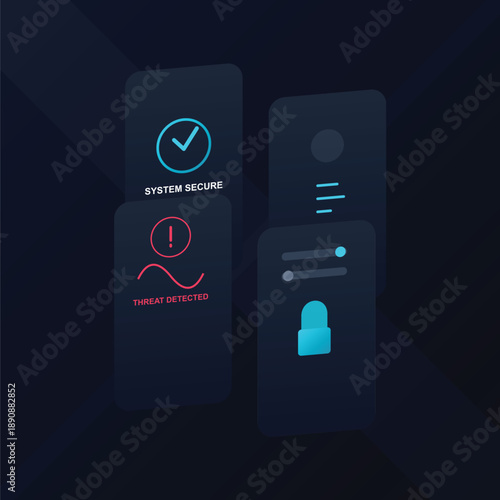 "A sophisticated, high-contrast digital illustration featuring a dark mode cybersecurity dashboard. The visual composition uses floating cards with vibrant cyan and red accents to communicate system 