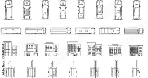 Top-down and front views of vehicles, buildings, elevators, black-and-white sketch for architecture, urban planning, transportation design reference
