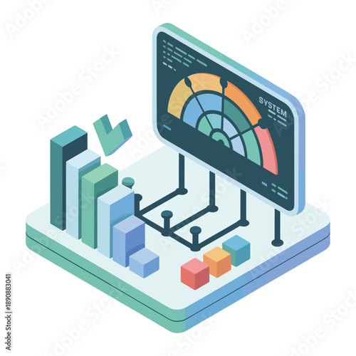Performance monitoring dashboard with speedometer, charts and graphs, system health metrics, optimization analytics, isometric user interface vector illustration design