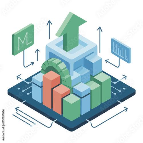 Machine learning deployment platform with arrows and cubes, auto scaling, model serving, data ingestion, isometric cloud computing vector illustration design