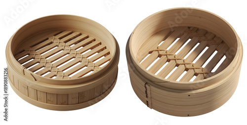 Empty bamboo steamer baskets for dim sum shown on a transparent background