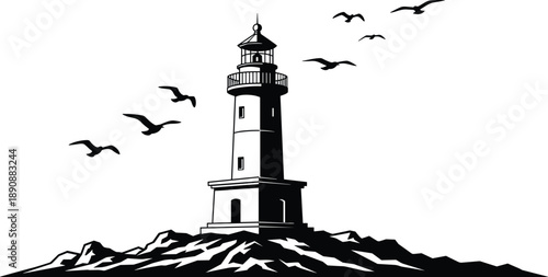 Lighthouse on rocky coast, birds flying, maritime navigation symbol, black and white silhouette, cad drawing flat vector illustration, coastal artwork