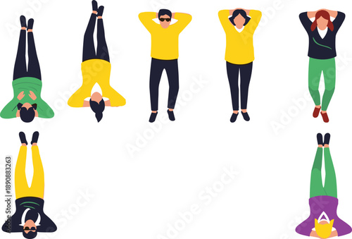 Top-down view of diverse relaxed people, leisure pose illustration, colorful outfits, unity concept, stylized grid design, sunglasses fashion