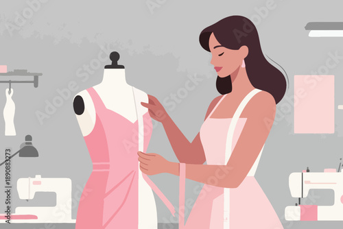 Illustration Of A Female Designer Designing Her Clothes Vector Design Template