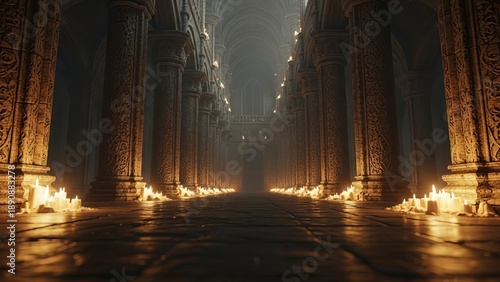 Ancient stone hall with ornate columns lined with flickering candles. Dimly lit gothic interior with dramatic lighting.