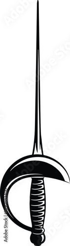 Fencing sabre silhouette, curved guard sword, black and white weapon, sport equipment icon, cad drawing flat vector illustration, minimal design