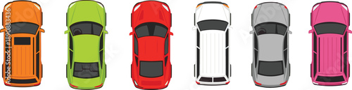 Top-down view of six colorful cars, sedan and SUV mix, ideal for vehicle design, traffic layout, automotive reference, icon set