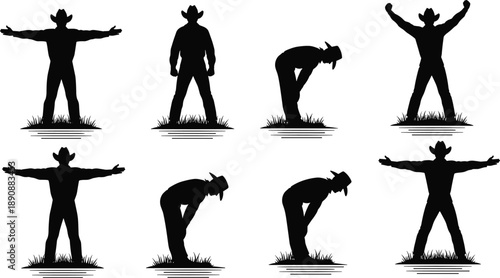 Cowboy silhouette poses, expressive gestures, standing figure on grass, dance routine motion, western theme, cad drawing flat vector illustration