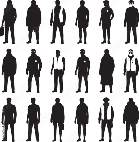 set of people silhouettes in various poses and outfits standing