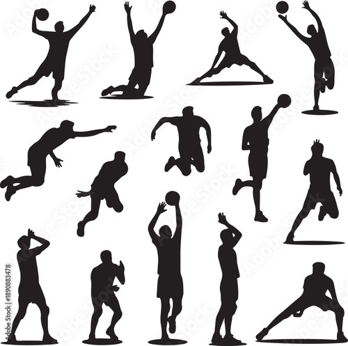 set of silhouettes of men playing basketball in various poses and movements