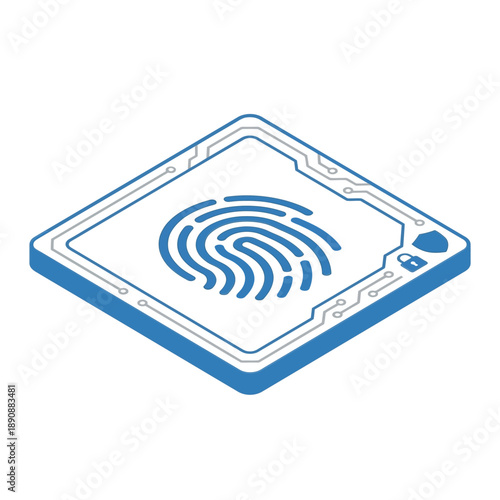Identity and access management summit illustration, fingerprint sensor chip, secure login session element, isometric biometric vector for authentication workflow