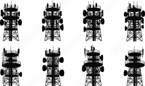 Communication tower silhouettes, lattice structure, antenna array, broadcast infrastructure, telecom signal, wireless network, cad drawing flat vector illustration