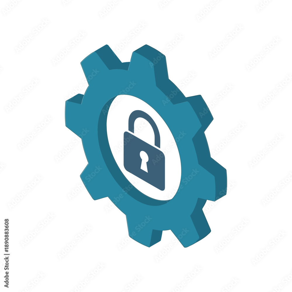 Obraz premium Security operations workshop, gear wheel with padlock icon, secure configuration session element, isometric safety vector for access control and compliance