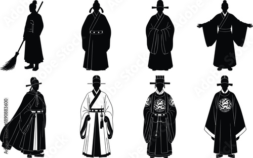 Traditional Korean hanbok silhouettes, cultural attire, historical fashion, social roles, heritage clothing, royal garments, cad drawing flat vector illustrationTraditional Korean