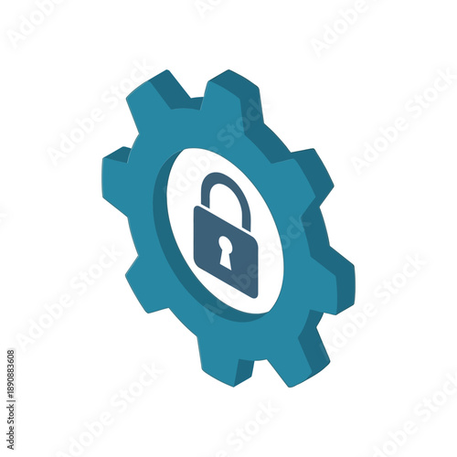 Security operations workshop, gear wheel with padlock icon, secure configuration session element, isometric safety vector for access control and compliance