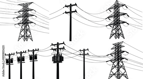 Electric power pole silhouettes, transmission towers, utility grid, transformer infrastructure, energy distribution system, cad drawing flat vector illustration