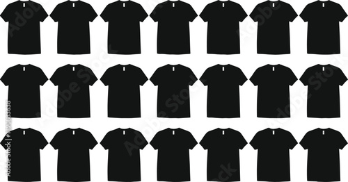 Black t-shirt grid layout, identical shirts, fashion inventory, retail display, clothing silhouette, uniform design, apparel stock, cad drawing flat vector illustration
