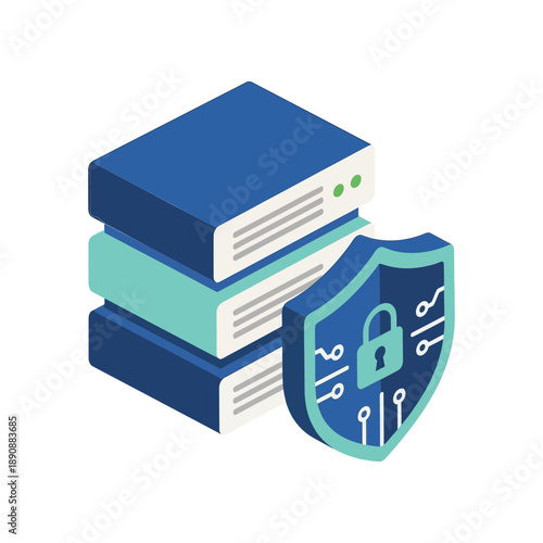 Cybersecurity conference poster icon, server rack with shield, firewall, encryption, data protection seminar, network defense training session vector graphic