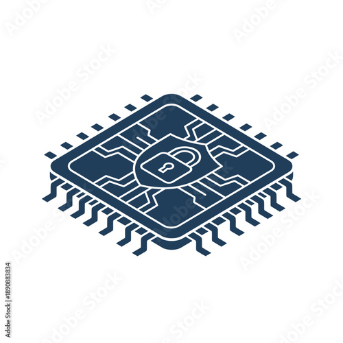Isometric secure processor chip icon with lock, hardware security module, data encryption, trusted platform, cyber protection, technology illustration vector