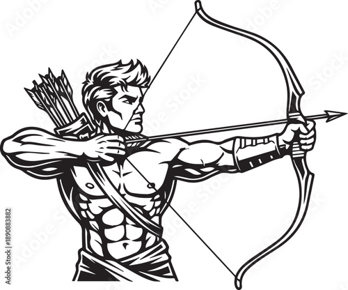 Greek Young Archer with Bow and Arrow Silhouette vector black on a white background