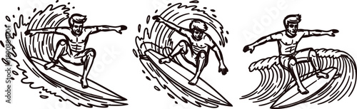 Three surfers riding waves in different surfing poses and movements on surfboards in ocean  surfing skills and techniques