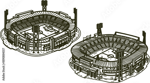 Two empty stadiums with bleachers and lighting towers  sports venues  illustration