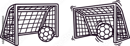 Two soccer goals with balls in different positions  sports and football equipment illustration