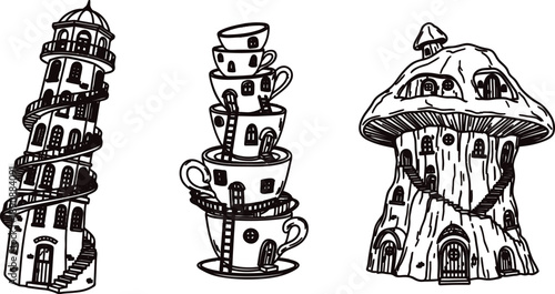 Whimsical fantasy buildings with creative architecture and tea cups  surreal structures