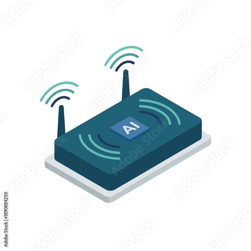 Smart WiFi router icon with AI signal, networking expo graphic, wireless infrastructure workshop, home internet security session vector illustration