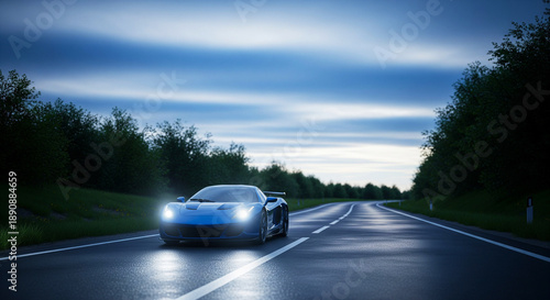Luxury sports car driving on wet highway at dusk with headlights on surrounded by trees and cloudy sky