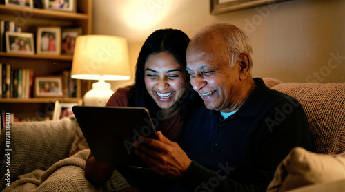 Happy Indian grandfather and granddaughter using tablet at home