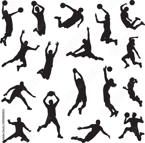 Silhouettes of people playing basketball in various poses and movements