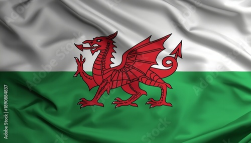 The flag of Wales waving in the wind with a red dragon emblem