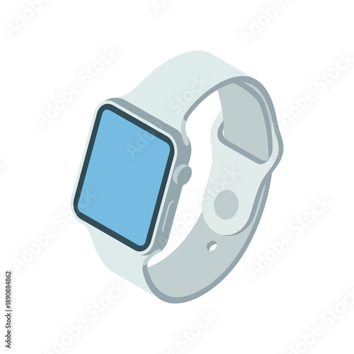 Isometric smartwatch vector illustration with white strap, blank blue screen, modern wearable fitness tracker icon for app, web, technology design