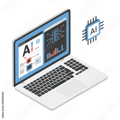 AI analytics laptop with charts vector illustration for data science conference poster, product demo day slides, enterprise webinar series promotion.