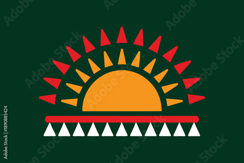 Sunrise folk motif vector illustration for summer festival opening slide, outdoor concert banner, warm seasonal branding and celebration graphics.