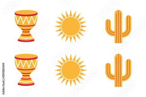 Sun and ceremonial cup icons vector set for summer solstice event flyer, cultural program poster, seasonal celebration design needs.