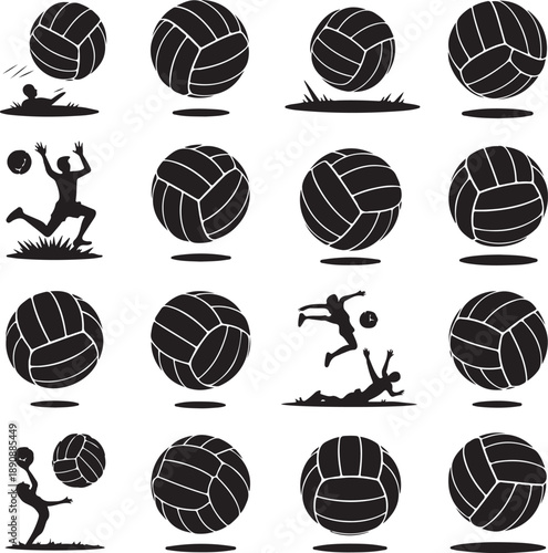 Volleyball icons and silhouettes of players in action on white background