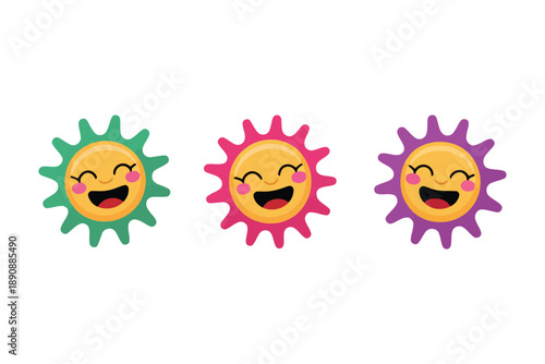 Happy sun emoji icons for Holi festival, colorful smiling sunburst set, spring celebration vector illustration for party decor, sticker design.
