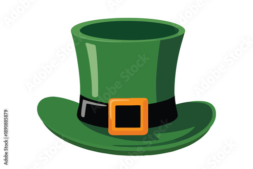 Green leprechaun hat vector with gold buckle, Saint Patricks Day symbol for poster, invitation, pub event, parade costume, festive decor.