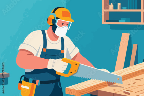 Illustration Of A Worker Using Safety Equipment While Sawing Wood Vector Design Template
