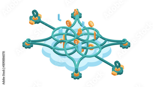 Isometric illustration of a complex network of pipes with bitcoin symbols flowing through a cloud-based digital system.