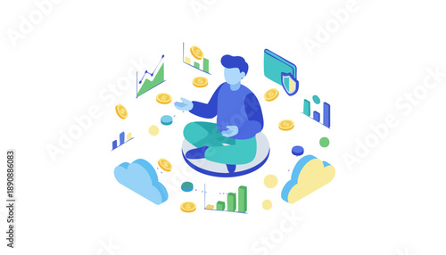Isometric illustration of a person meditating amidst financial data, charts, coins, and cloud icons, representing business analytics and digital finance.