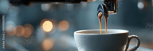 Fresh espresso streams into a white cup from a chrome coffee machine