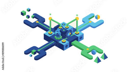 Isometric illustration of a complex technological system with a central core, connected by four wrench-shaped arms and various geometric components, symbolizing integration and problem-solving.