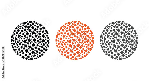 Three circular arrangements of small star shaped elements are displayed colored black orange and gray high quality professional detailed