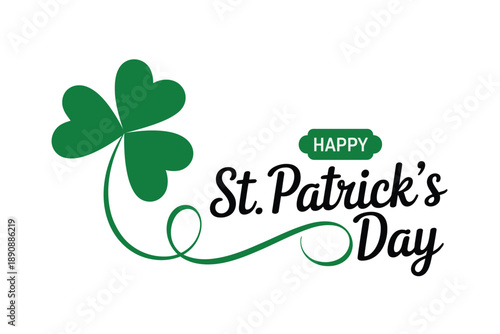 Clover with flourish line and Saint Patricks Day phrase, decorative lettering vector for invitation, parade signage, pub poster, joyful celebration.