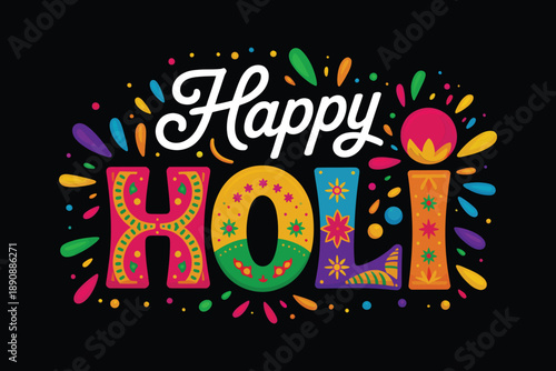 Happy Holi glowing typography on dark background, neon style colorful powder splash illustration for Indian spring festival party poster design